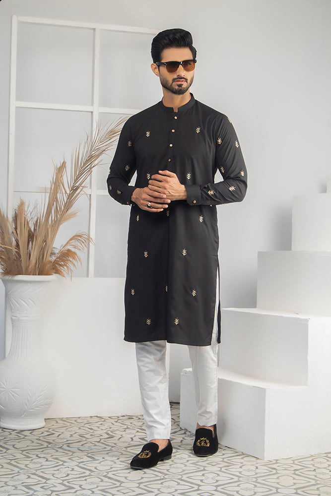 Black Gold-Embroidered Cotton-Silk Kurta (2-Piece) - Image 2