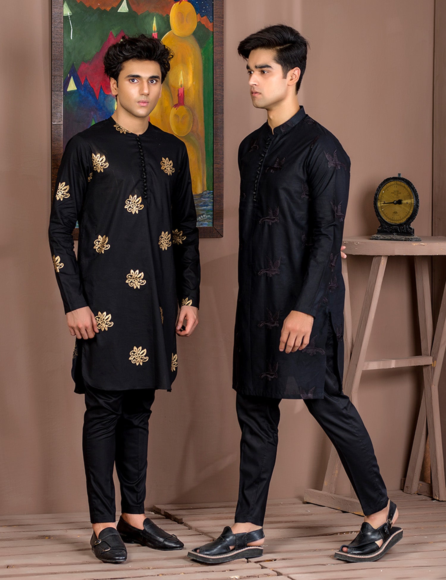 Black Gold Block Print Cotton Kurta (2-Piece) - Image 2