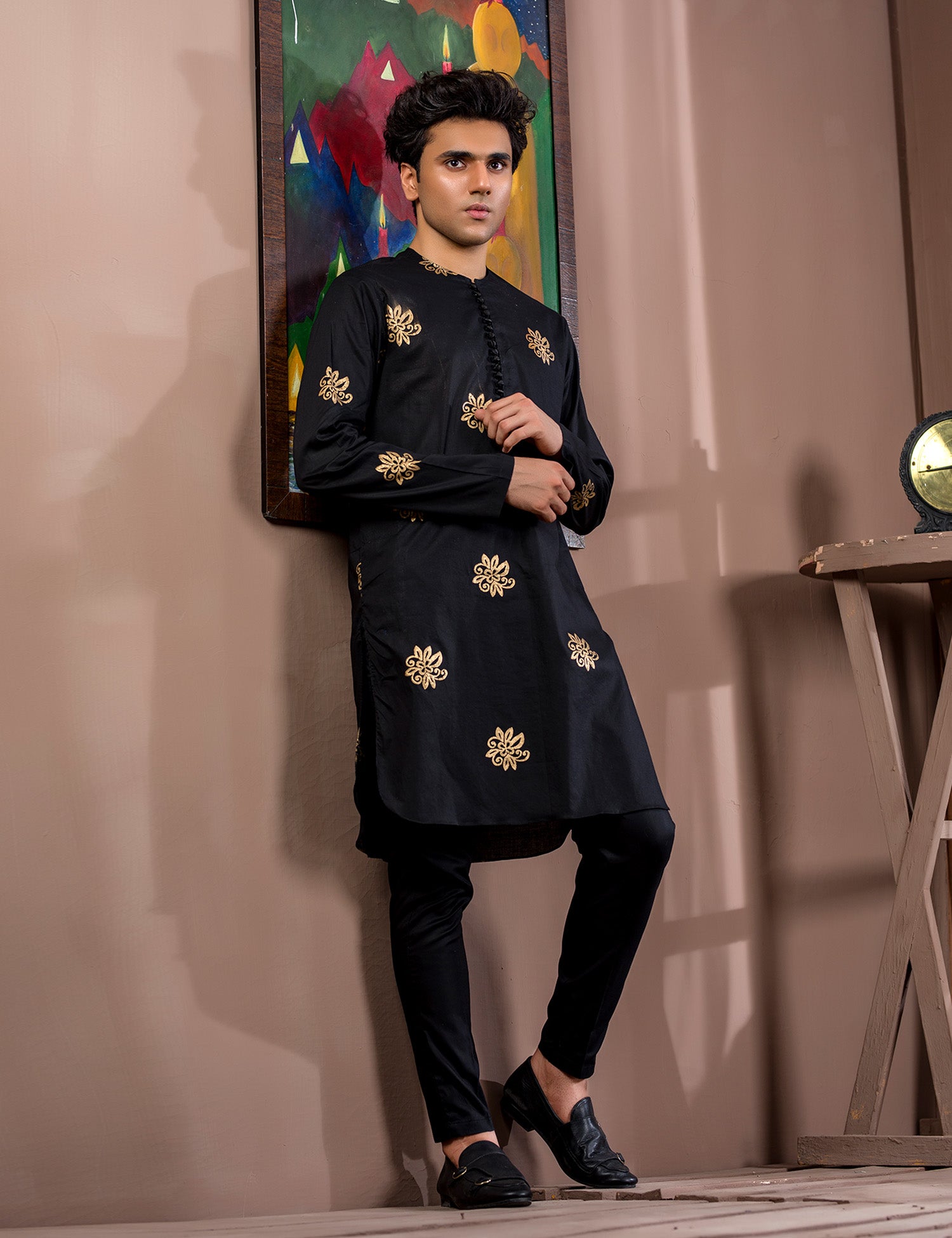 Black Gold Block Print Cotton Kurta (2-Piece) - Image 3