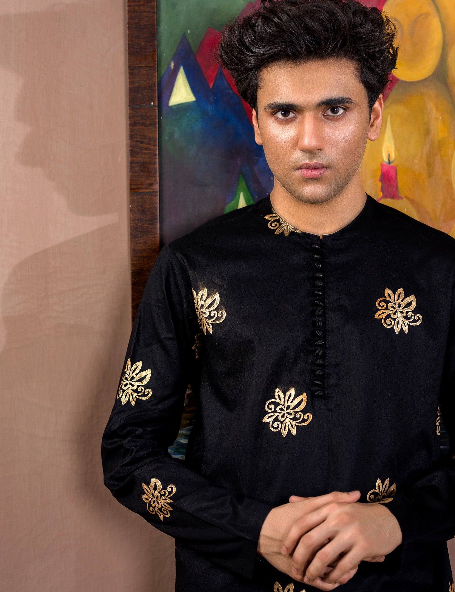Black Gold Block Print Cotton Kurta (2-Piece) - Image 4