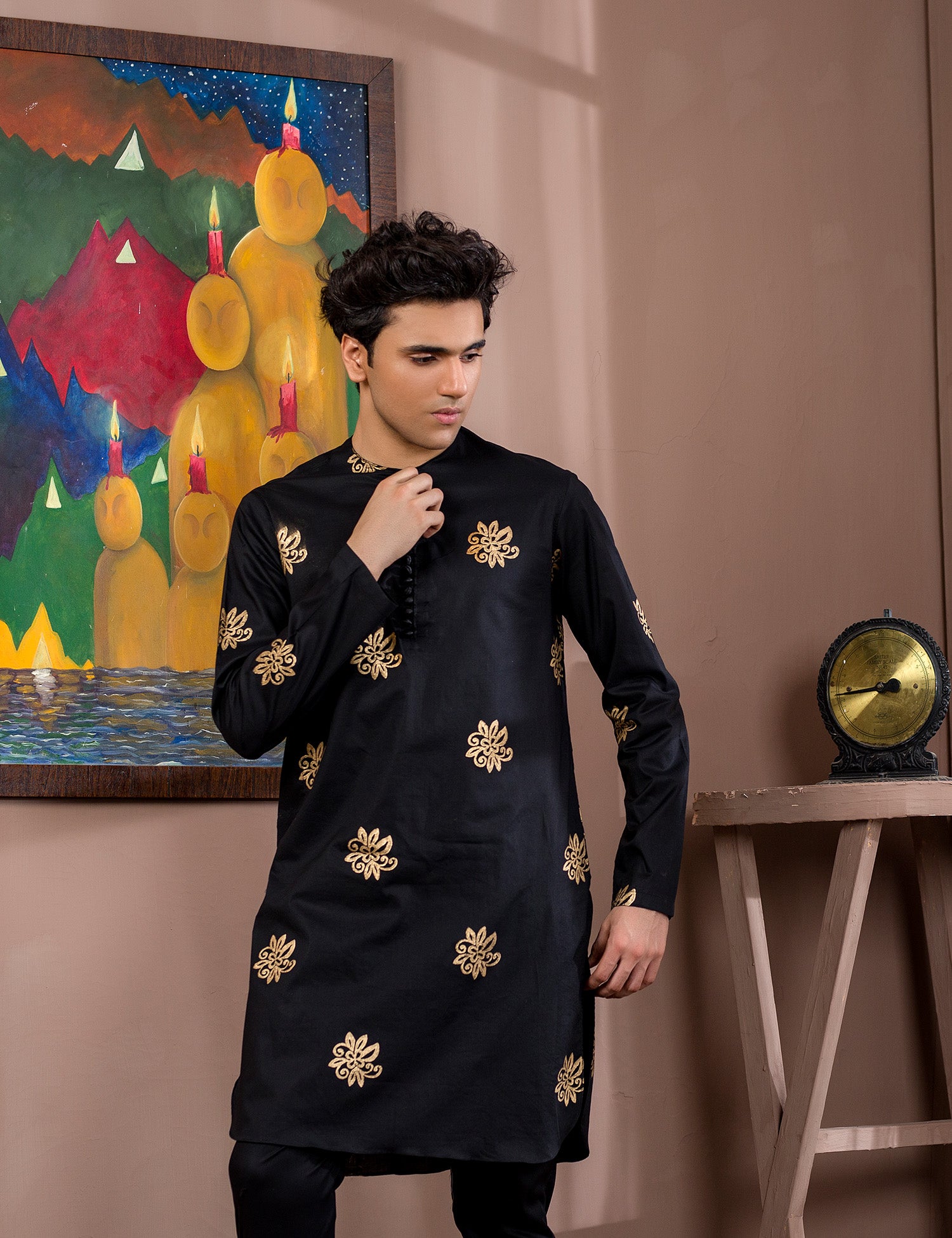 Black Gold Block Print Cotton Kurta (2-Piece) - Image 5