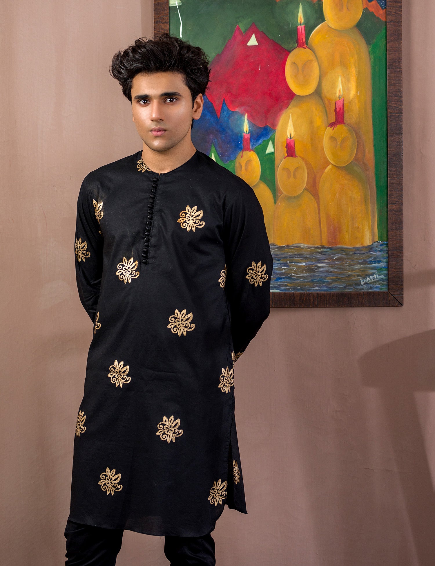 Black Gold Block Print Cotton Kurta (2-Piece) - Image 6