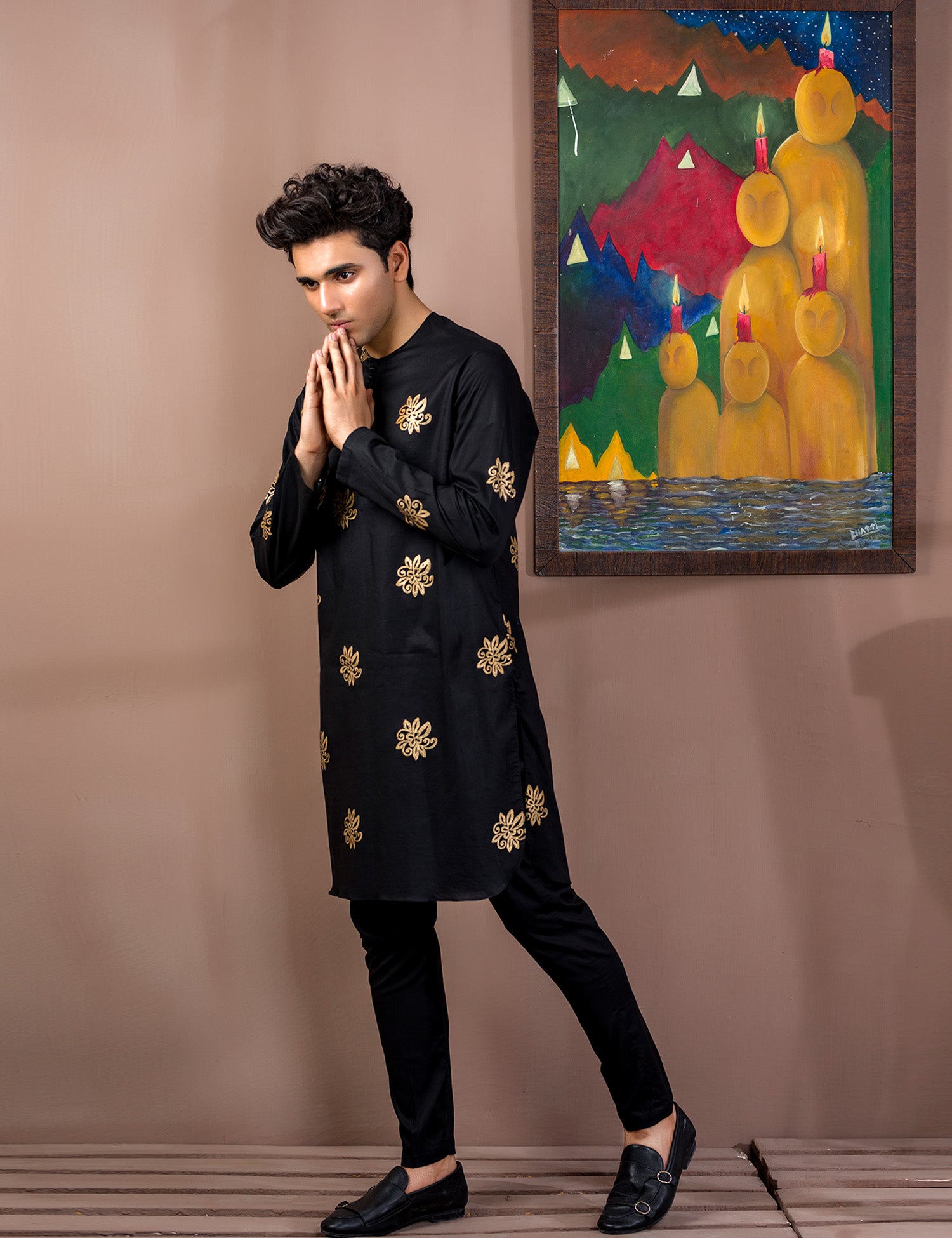 Black Gold Block Print Cotton Kurta (2-Piece) - Image 7