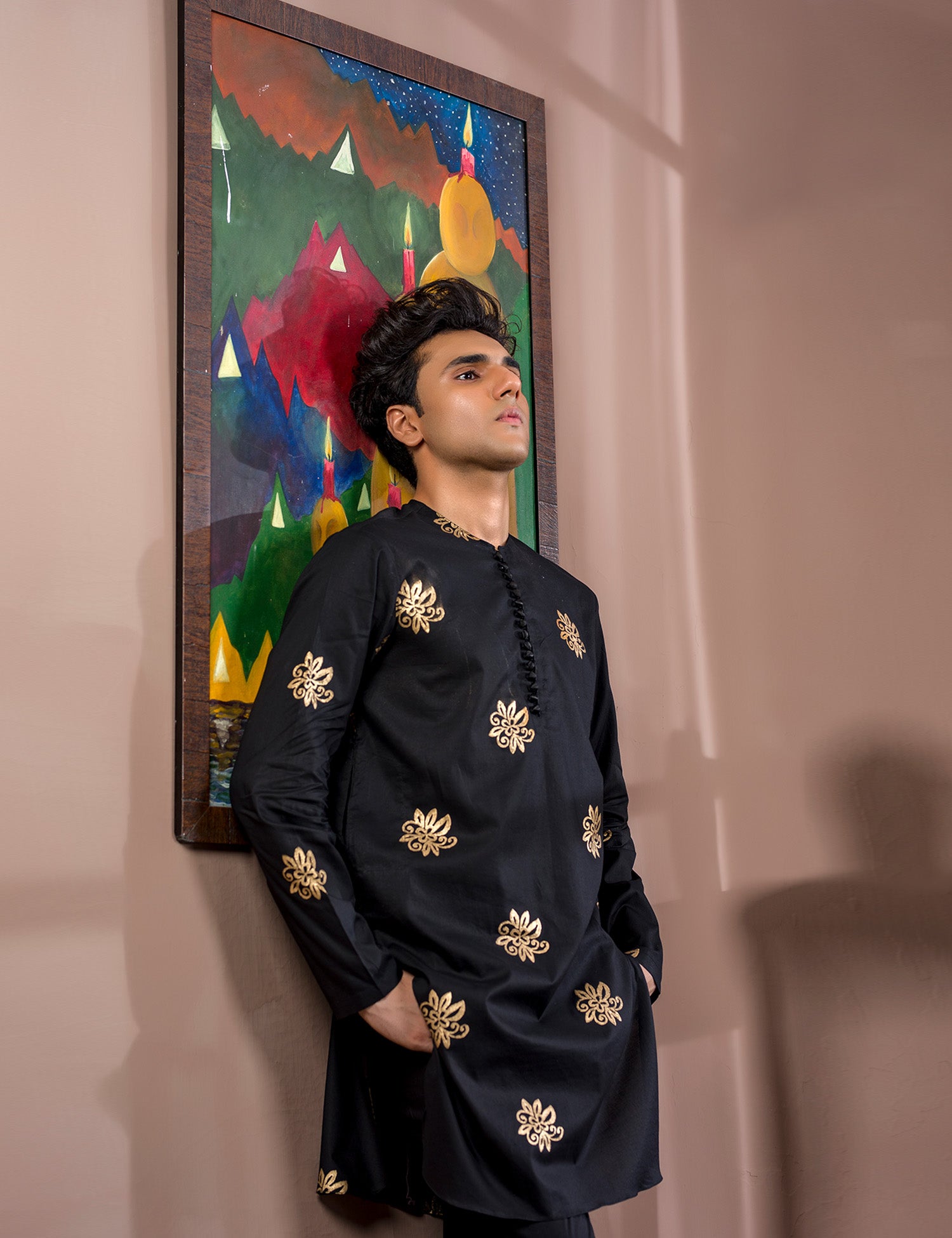 Black Gold Block Print Cotton Kurta (2-Piece) - Image 8