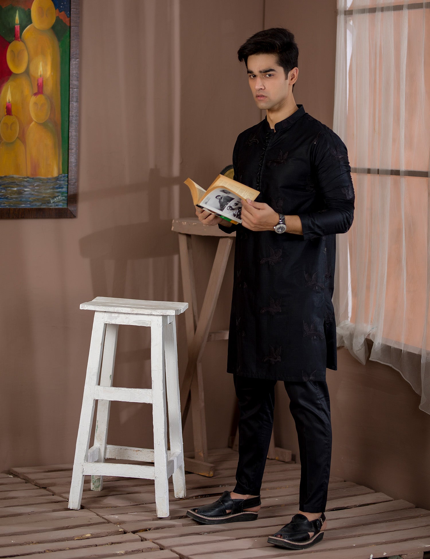 Black Embroidered Cotton Kurta Set (2-Piece) - Image 2