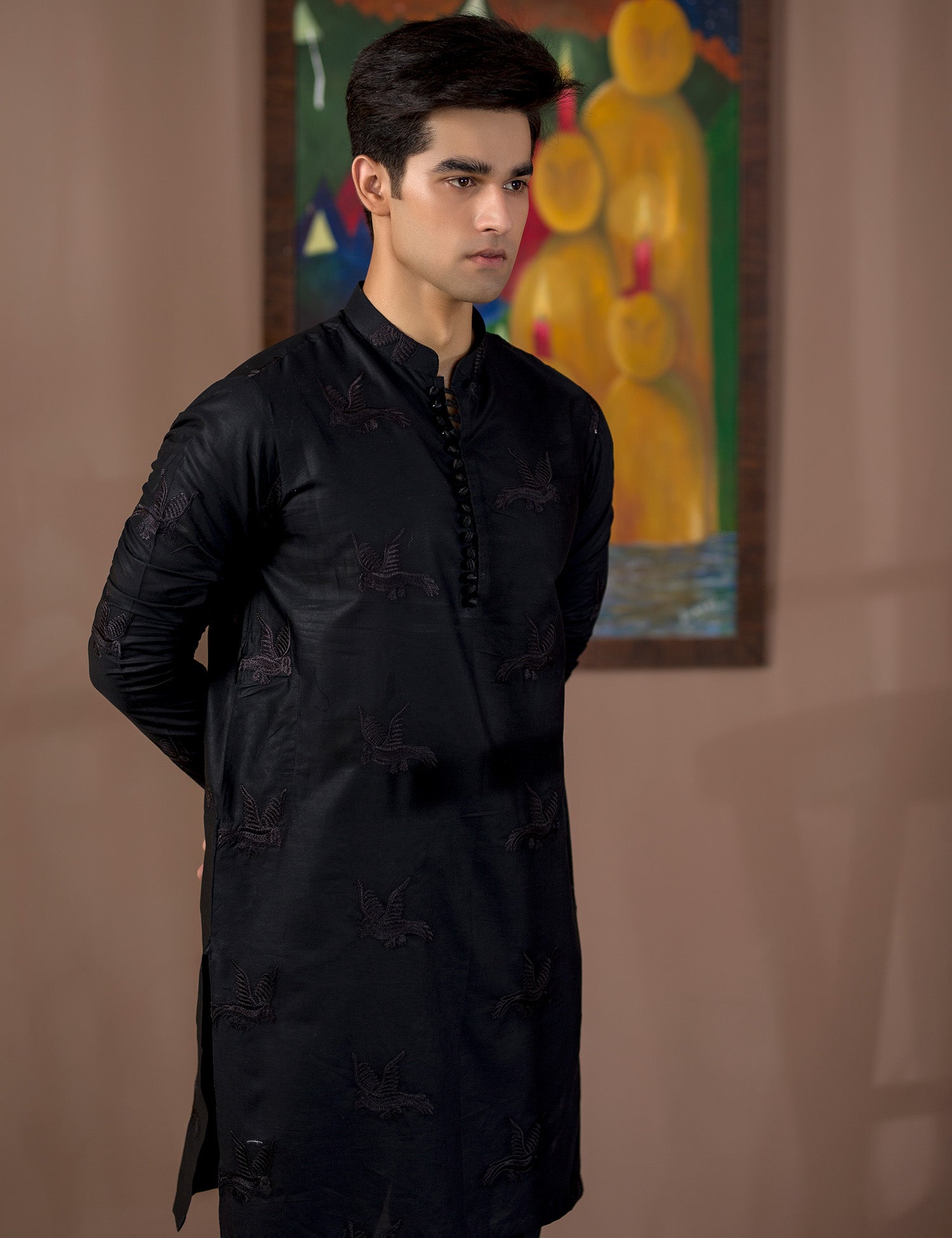 Black Embroidered Cotton Kurta Set (2-Piece) - Image 6
