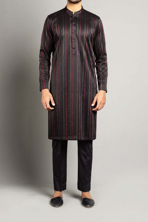 Black Embroidered Egyptian Cotton Kurta (2-Piece) - Image 1
