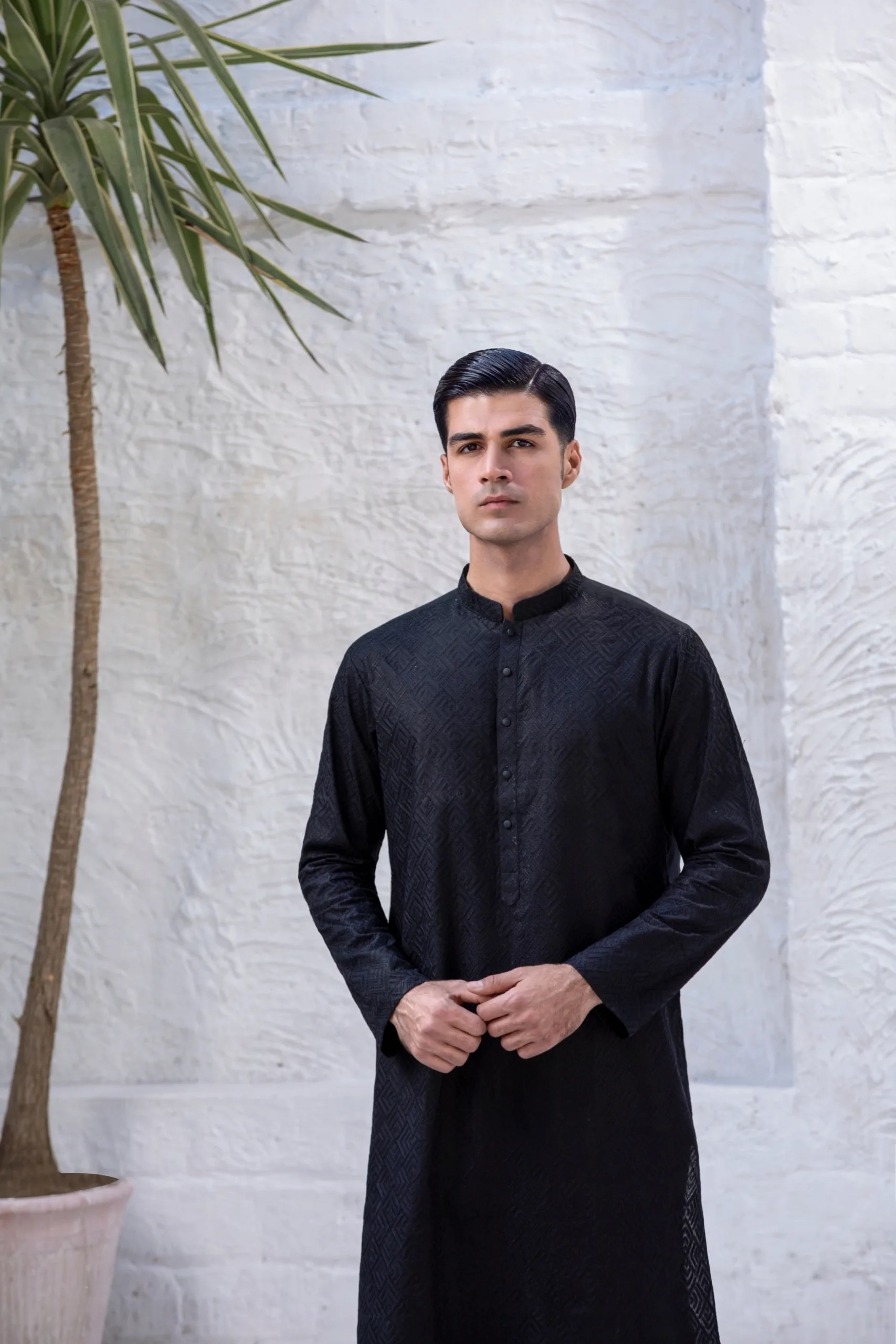 Black Diamond-Pattern Embroidered Kurta (2-Piece) - Image 1