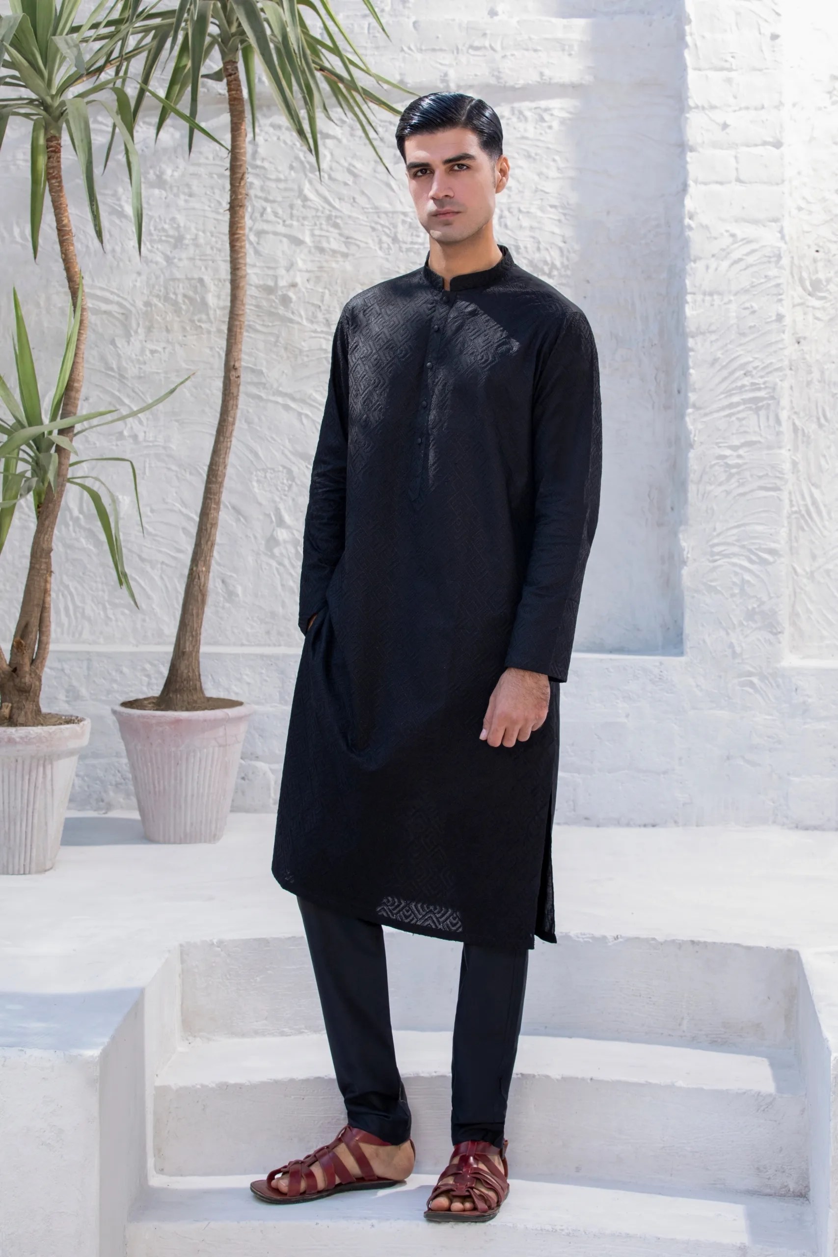 Black Diamond-Pattern Embroidered Kurta (2-Piece) - Image 3