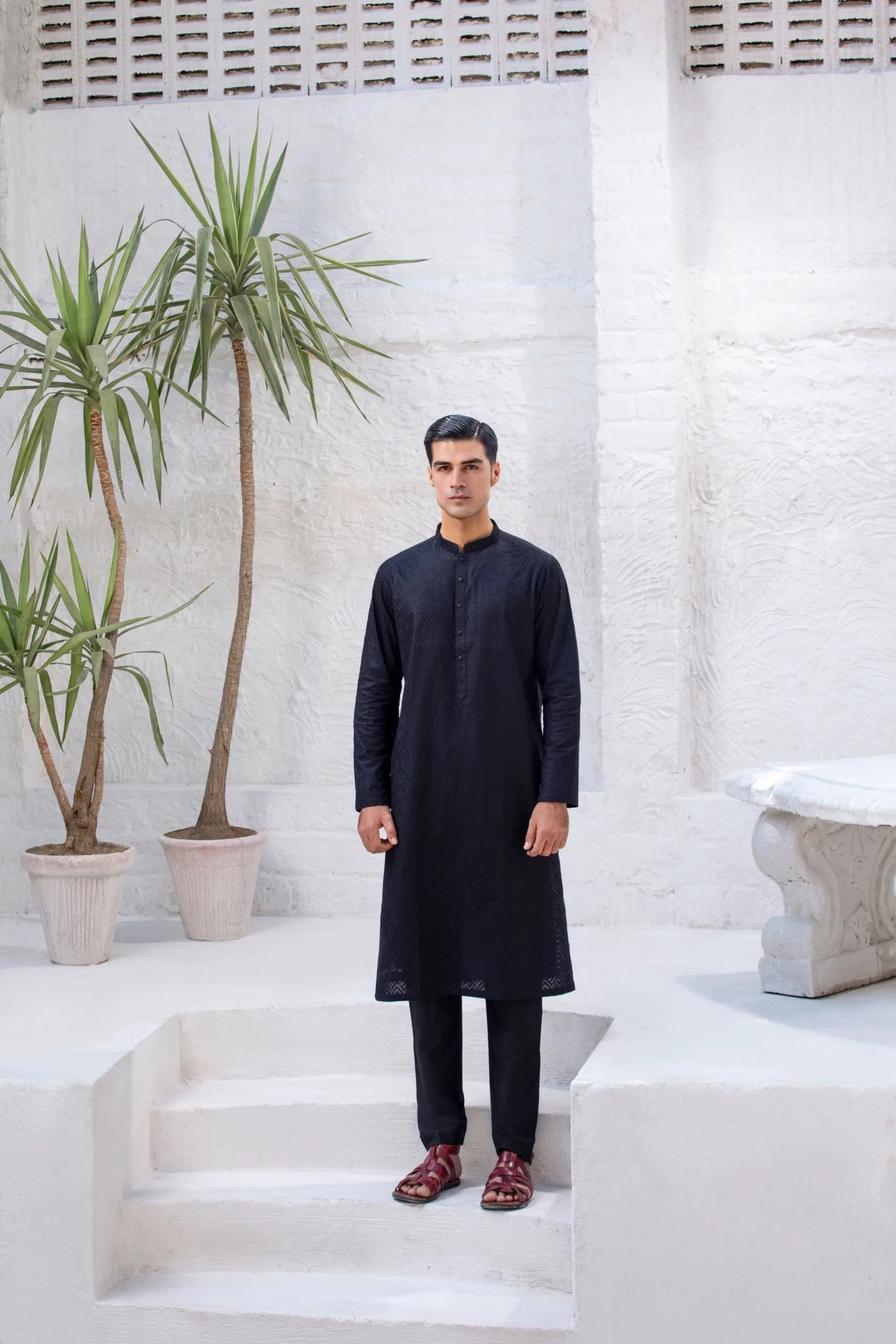 Black Diamond-Pattern Embroidered Kurta (2-Piece) - Image 4