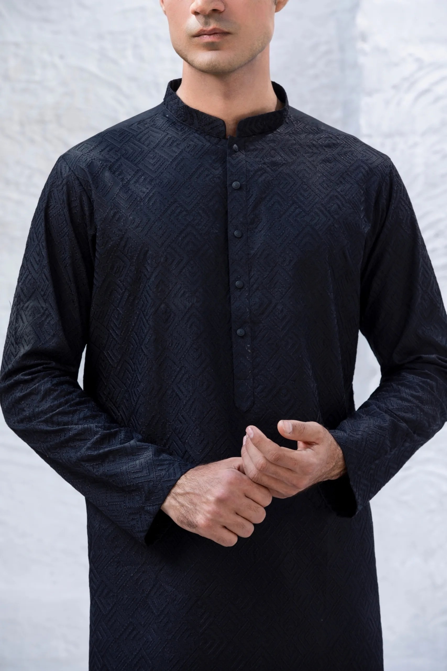 Black Diamond-Pattern Embroidered Kurta (2-Piece) - Image 5