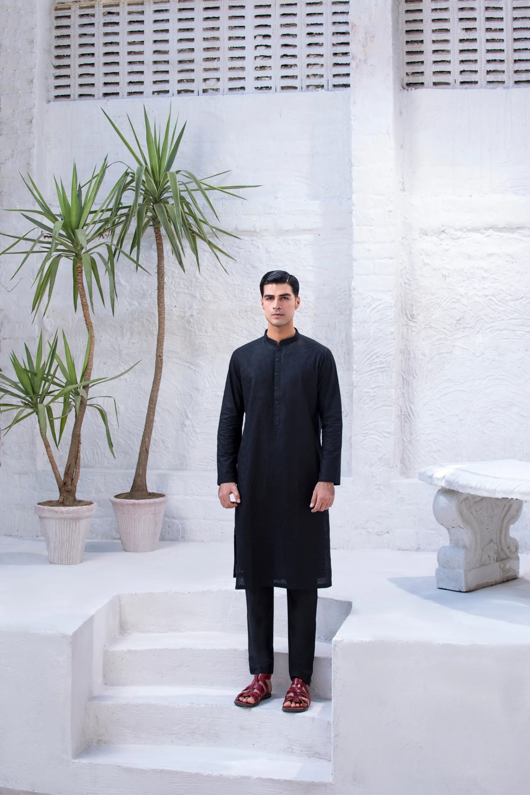 Black Diamond-Pattern Embroidered Kurta (2-Piece) - Image 7