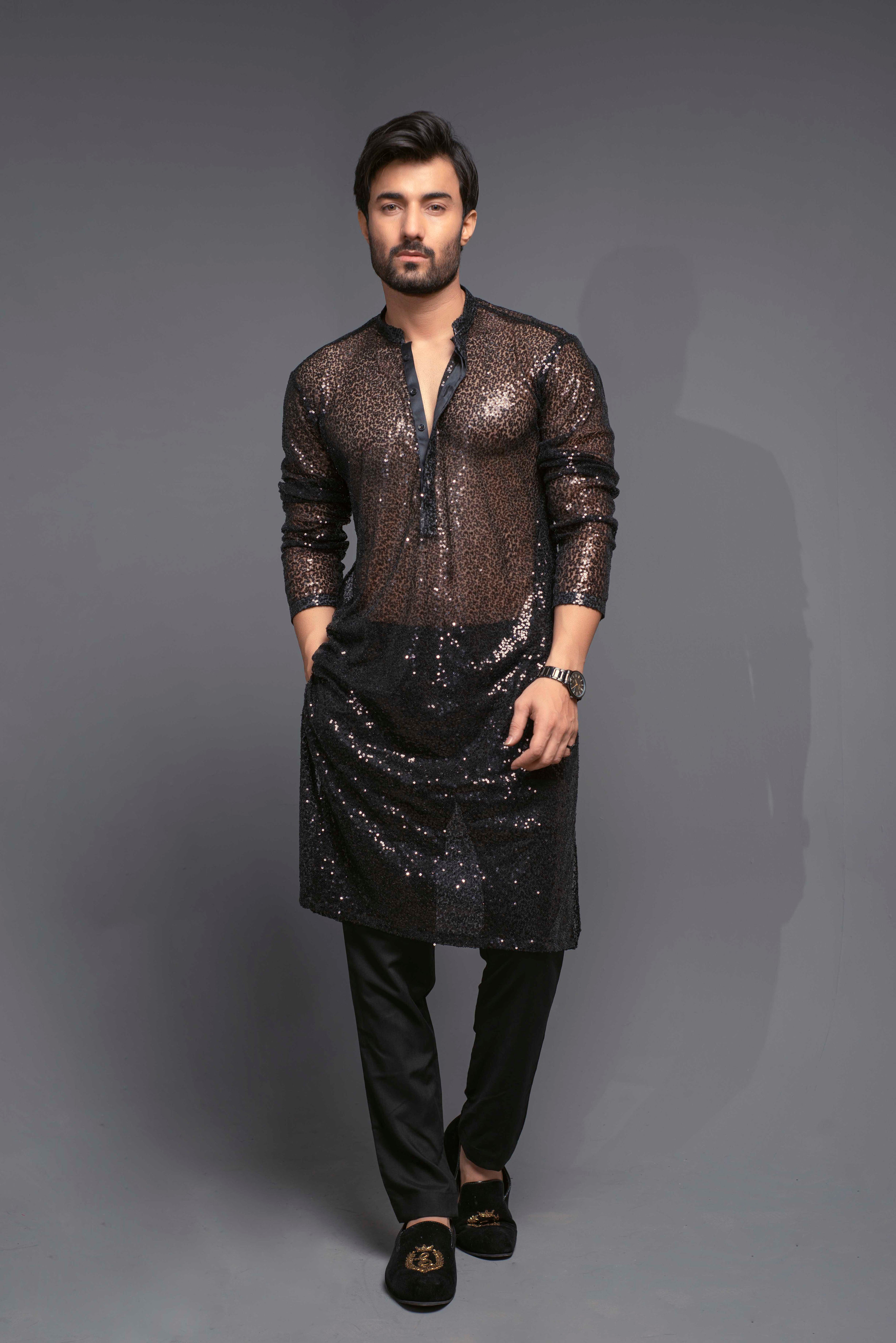 Black Sequinned Net Kurta with Pajama (2-Piece) - Image 1
