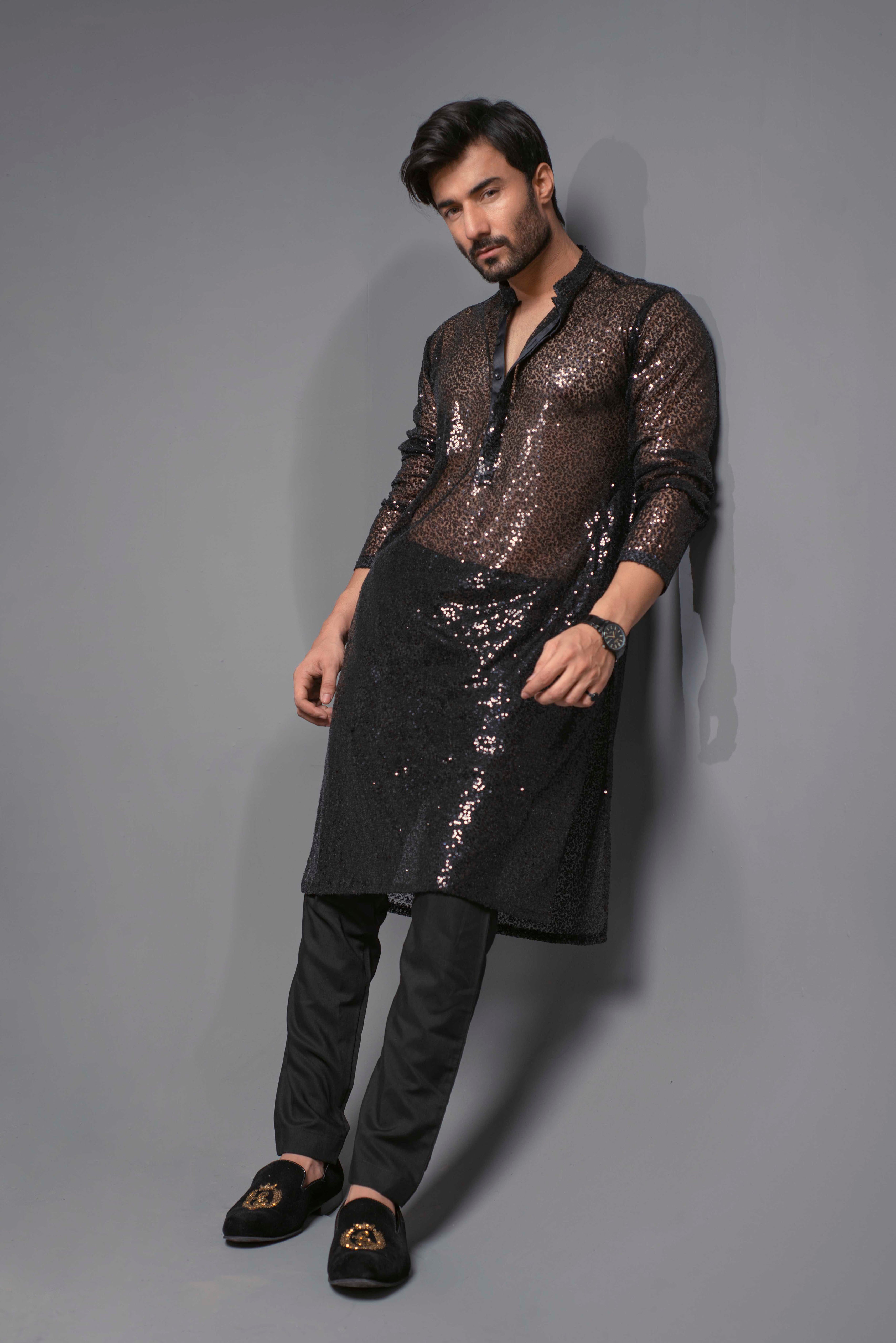 Black Sequinned Net Kurta with Pajama (2-Piece) - Image 2