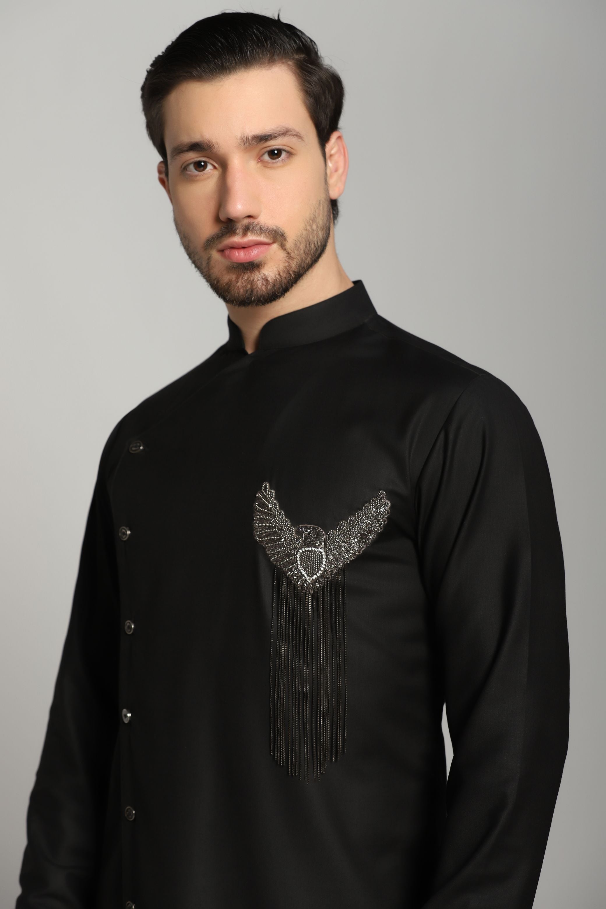 Black Beaded Poly/Wool Angrakha Kurta (2-Piece) - Image 2
