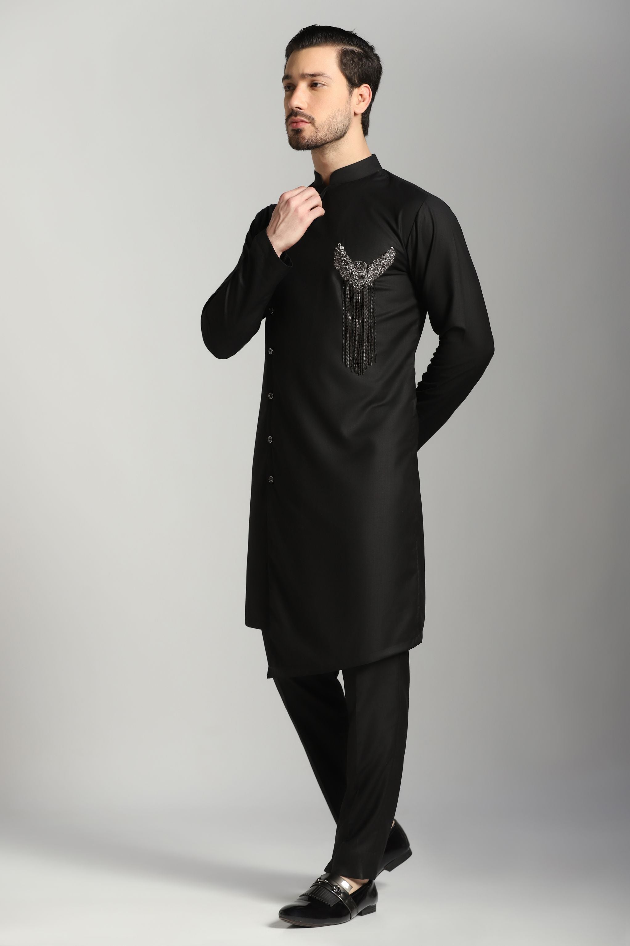Black Beaded Poly/Wool Angrakha Kurta (2-Piece) - Image 3