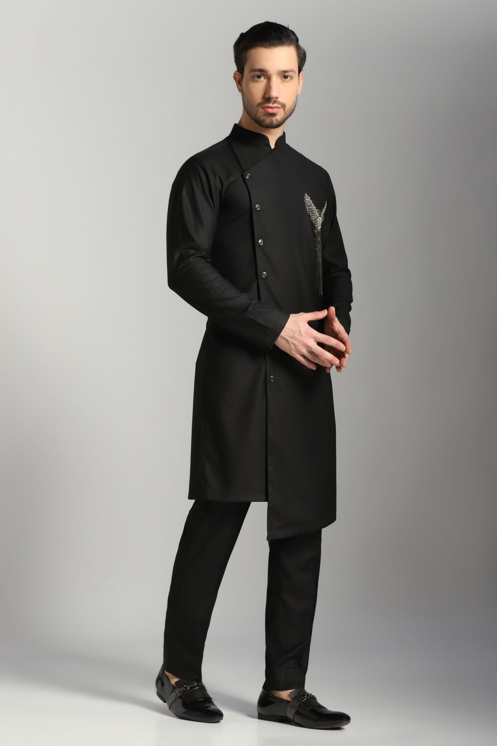 Black Beaded Poly/Wool Angrakha Kurta (2-Piece) - Image 4