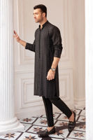 Black Self-Embroidered Raw Silk Kurta (2-Piece) - Image 4