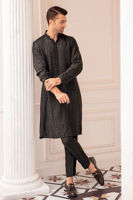 Black Self-Embroidered Raw Silk Kurta (2-Piece) - Image 5