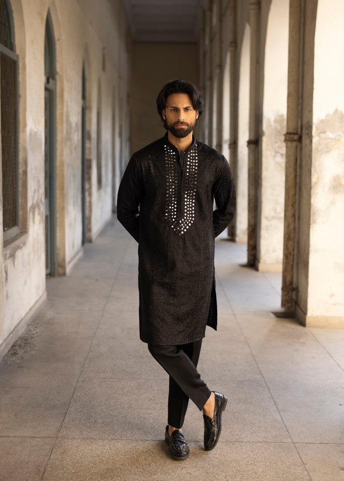 Black Embroidered Silk-Blend Kurta Pajama (2-Piece) - Image 1