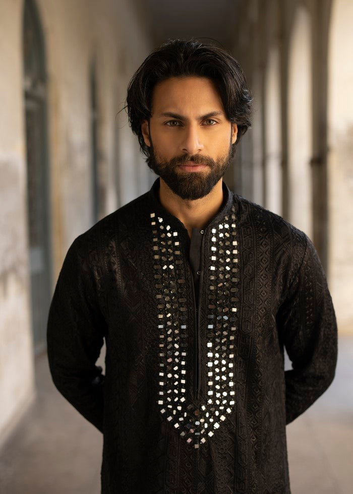 Black Embroidered Silk-Blend Kurta Pajama (2-Piece) - Image 2