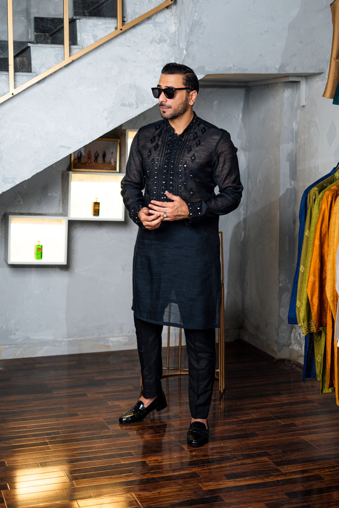 Black Embossed Sequin & Mirror Work Silk-Blend Kurta (2-Piece) - Image 1
