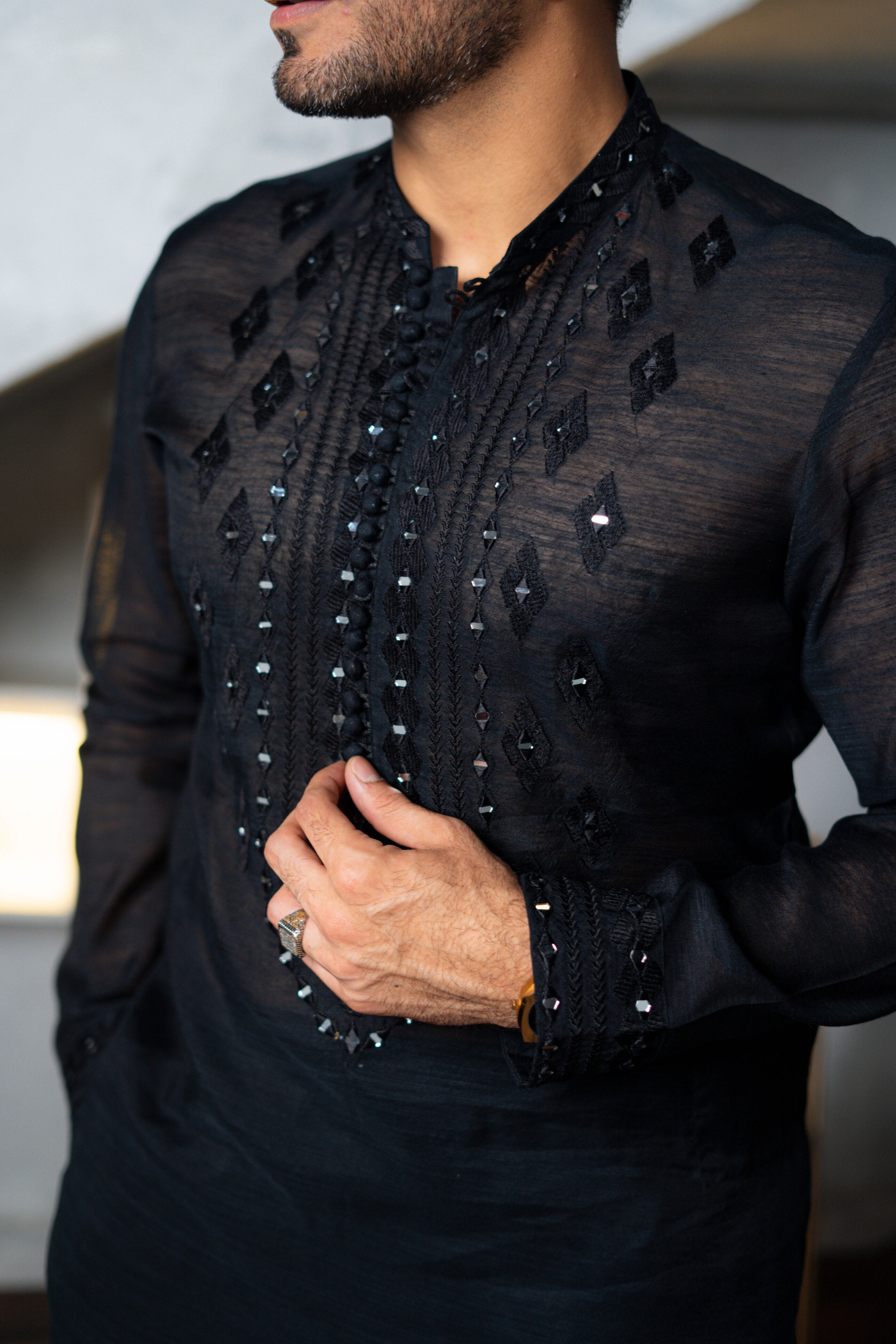 Black Embossed Sequin & Mirror Work Silk-Blend Kurta (2-Piece) - Image 3