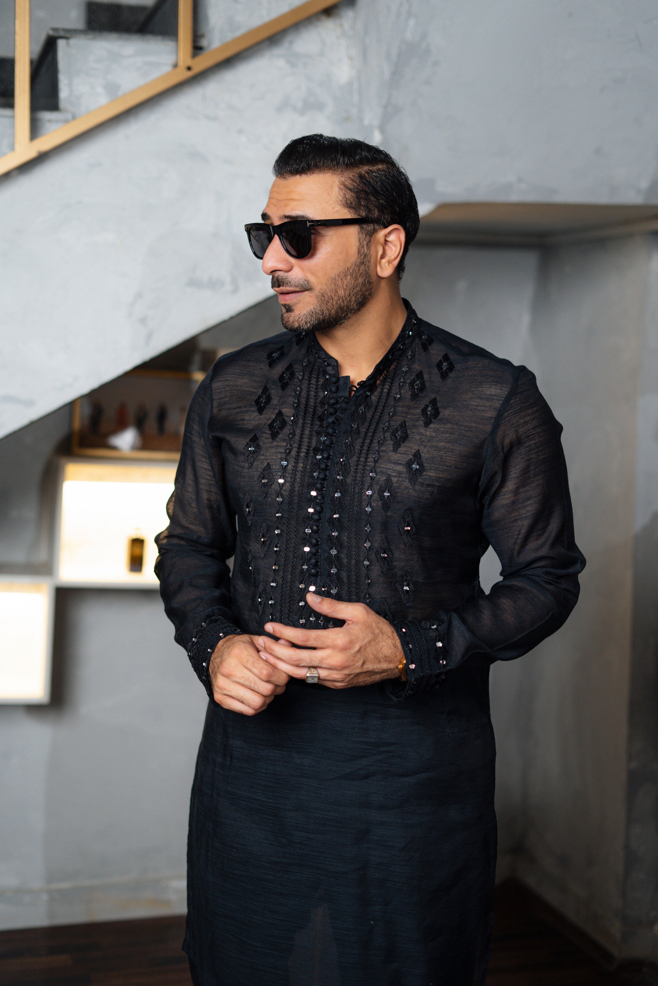 Black Embossed Sequin & Mirror Work Silk-Blend Kurta (2-Piece) - Image 5