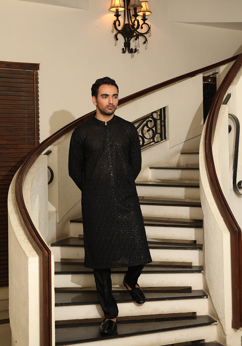 Black Sequinned Embroidered Silk-Blend Kurta Pajama (2-Piece) - Image 1