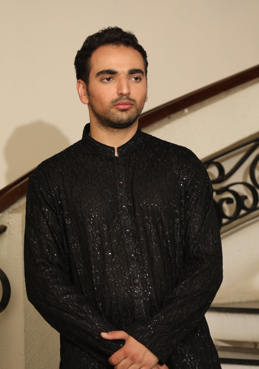 Black Sequinned Embroidered Silk-Blend Kurta Pajama (2-Piece) - Image 2