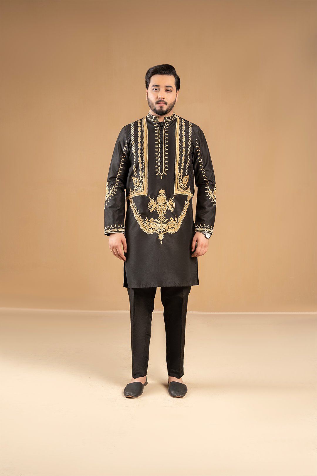 Black Gold Embroidered Silk Kurta Pajama (2-Piece) - Image 1