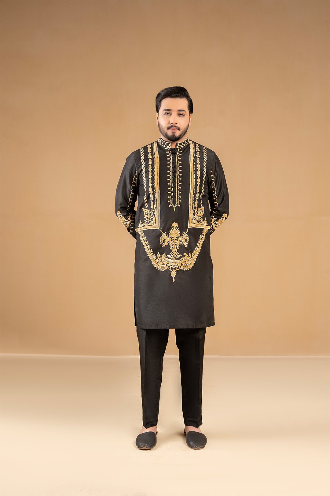 Black Gold Embroidered Silk Kurta Pajama (2-Piece) - Image 2