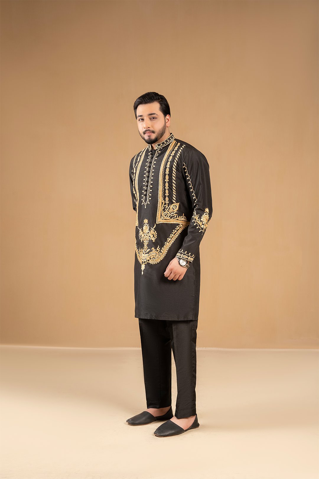 Black Gold Embroidered Silk Kurta Pajama (2-Piece) - Image 3