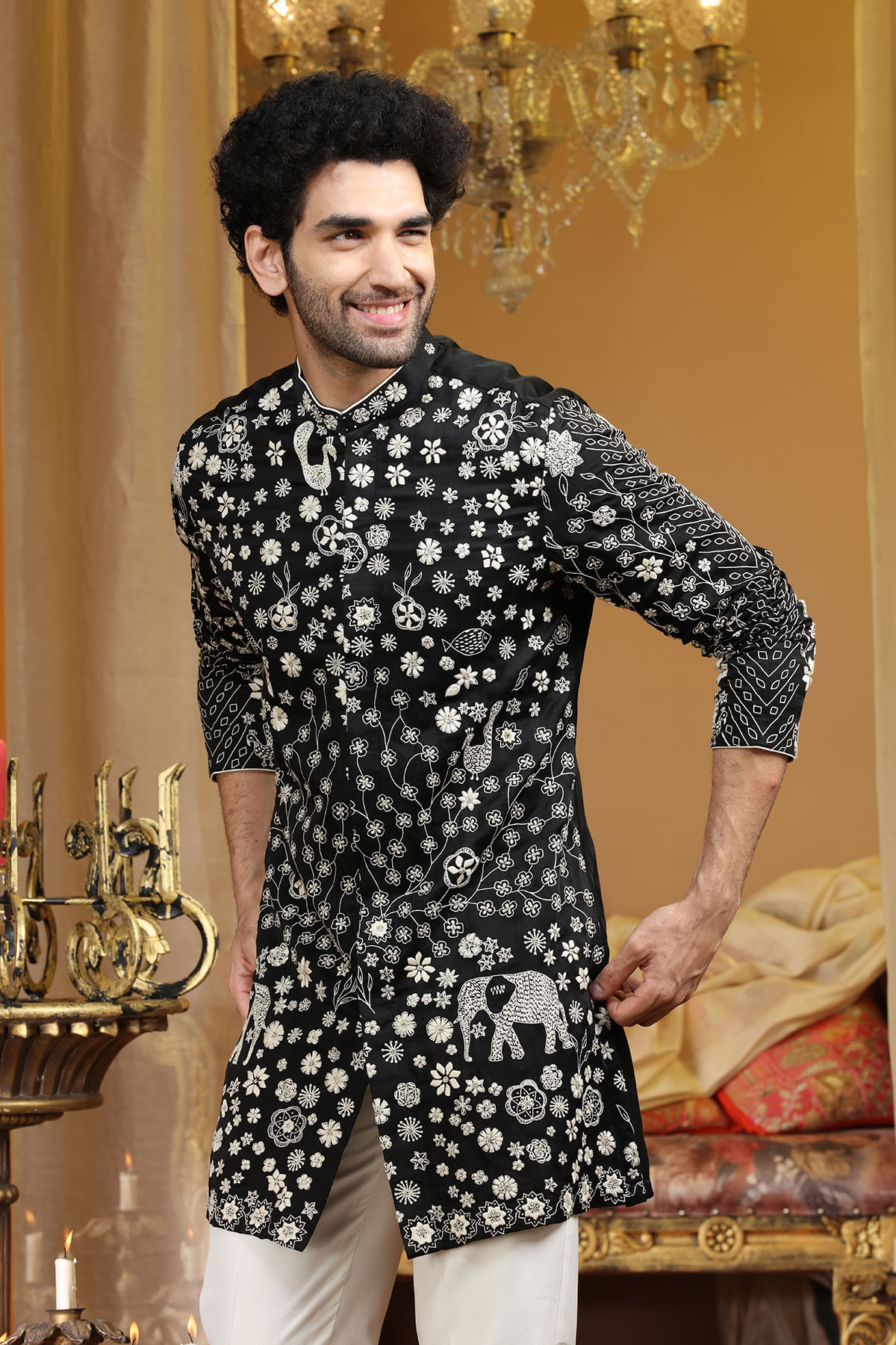 Black Resham Embroidered Silk Kurta (2-Piece) - Image 1