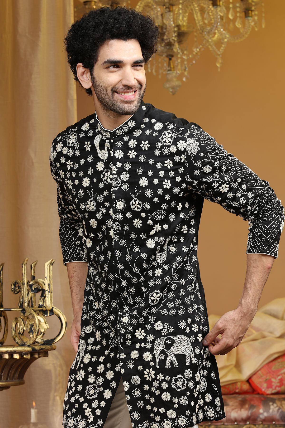 Black Resham Embroidered Silk Kurta (2-Piece) - Image 2