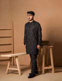 Black Embroidered Slub Kurta Set (2-Piece) - Image 2