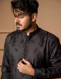 Black Embroidered Slub Kurta Set (2-Piece) - Image 6