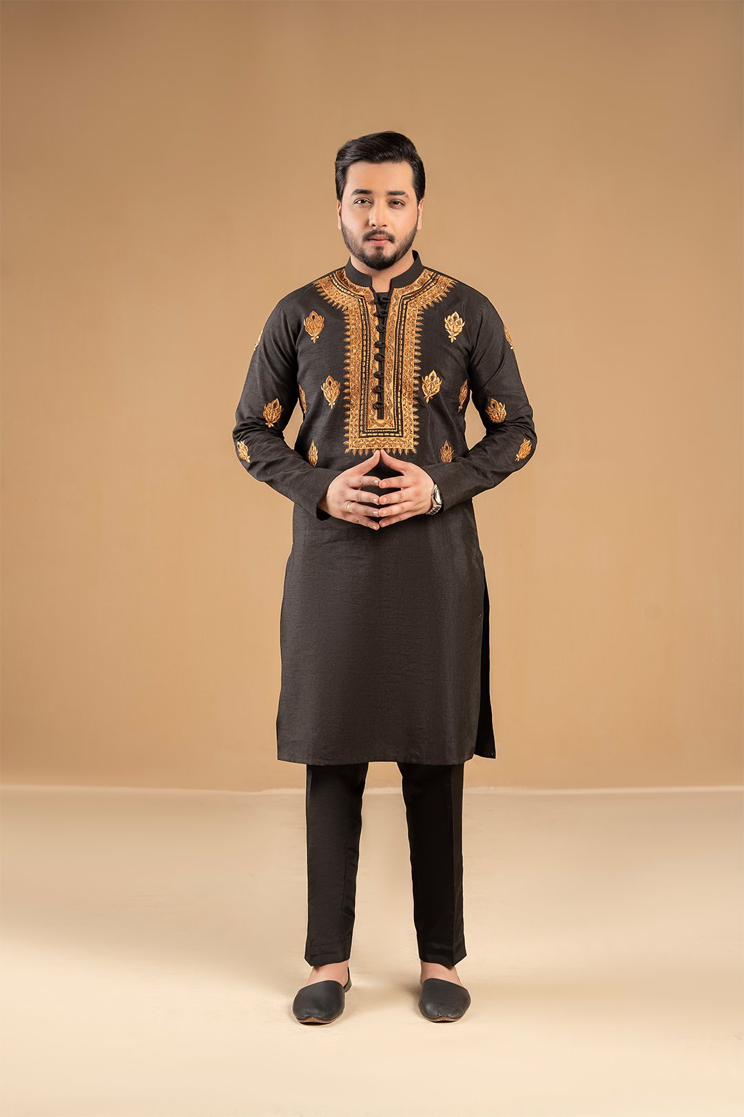 Black Embroidered Suiting Fabric Kurta Pajama (2-Piece) - Image 1
