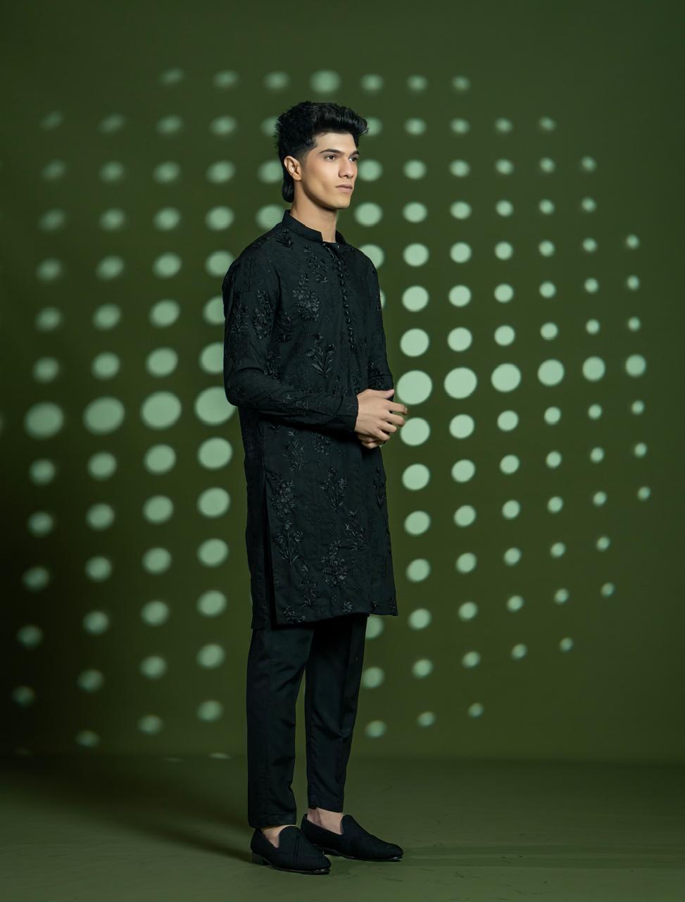 Black Embroidered Wash-and-Wear Kurta (2-Piece) - Image 2