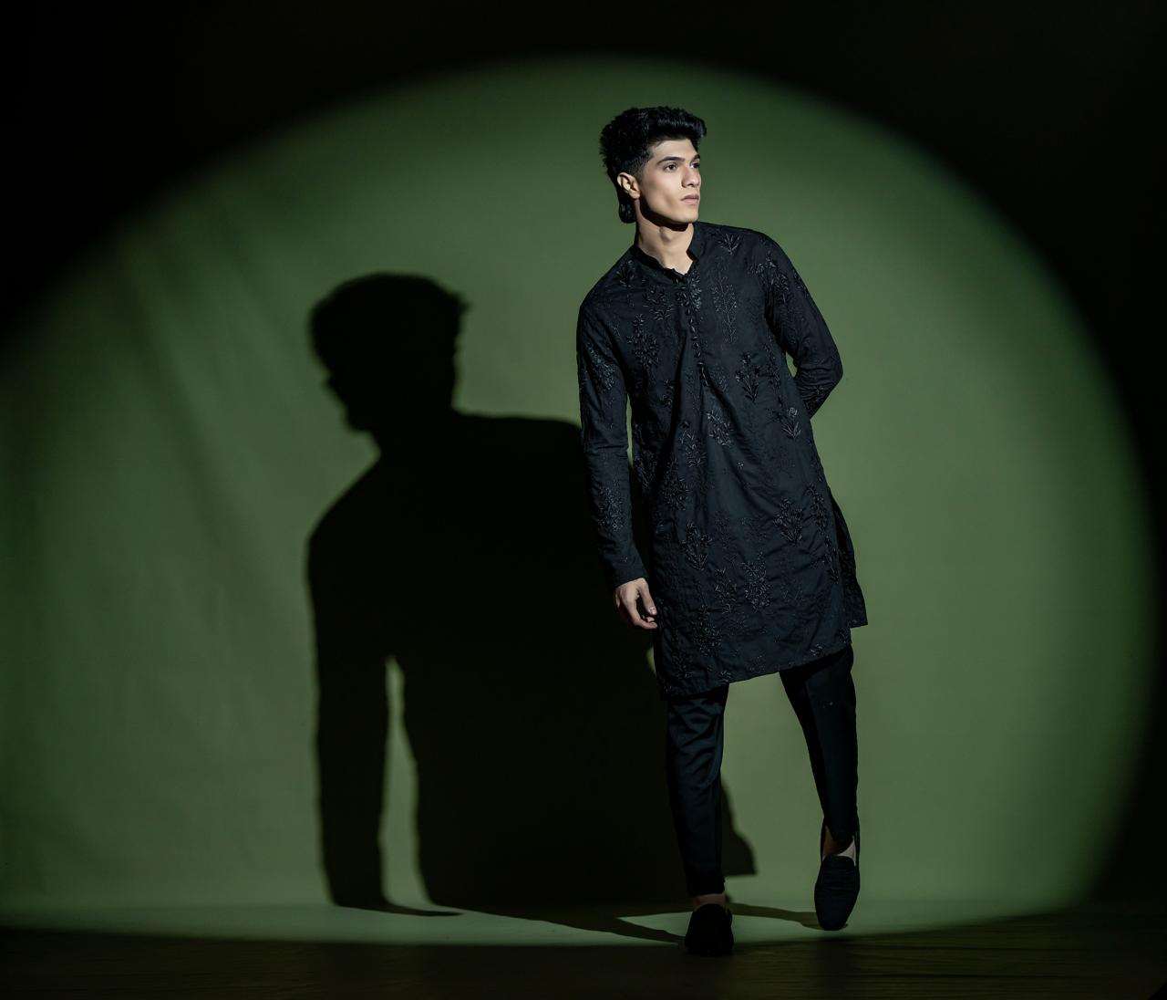 Black Embroidered Wash-and-Wear Kurta (2-Piece) - Image 6