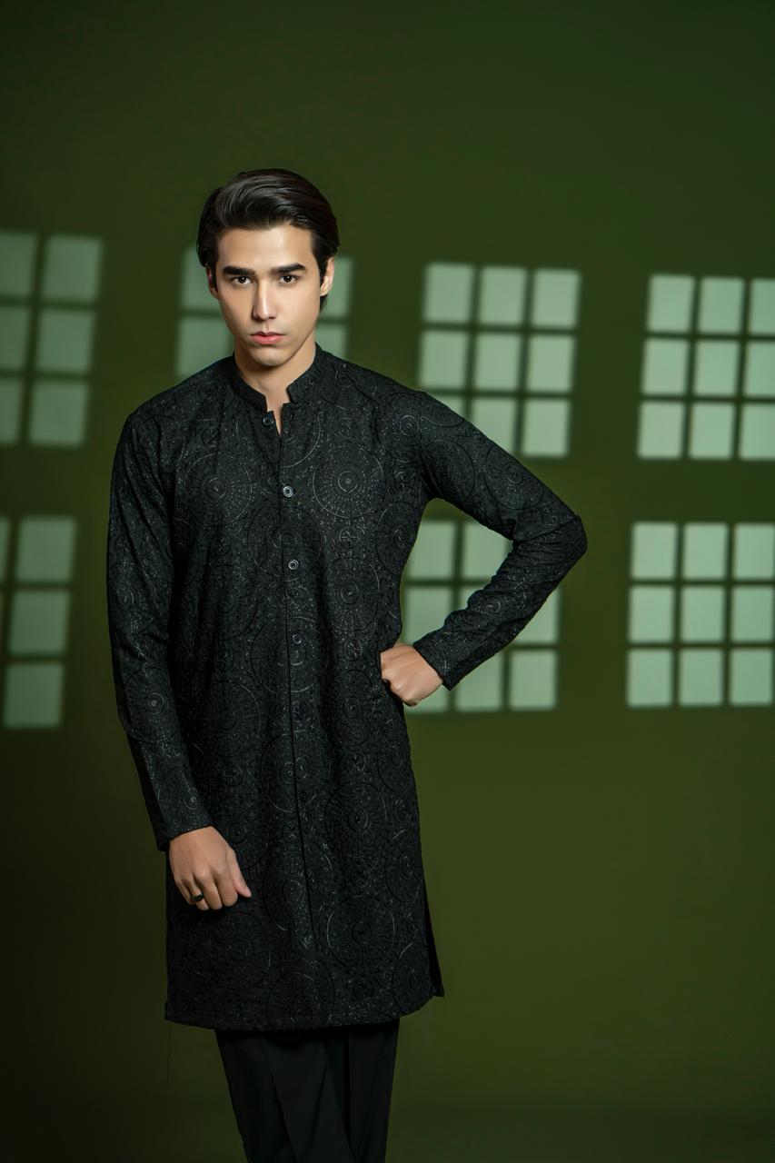 Black Embroidered Wash & Wear Kurta Set (2-Piece) - Image 5