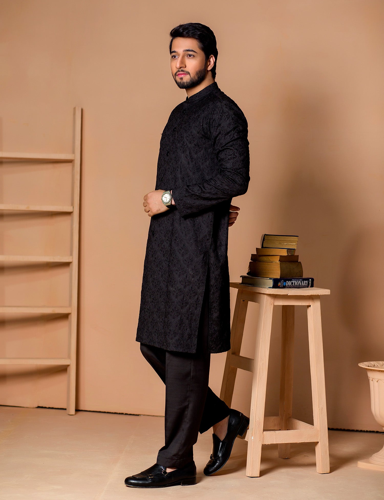 Black Embroidered Wash & Wear Kurta Trouser (2-Piece) - Image 1