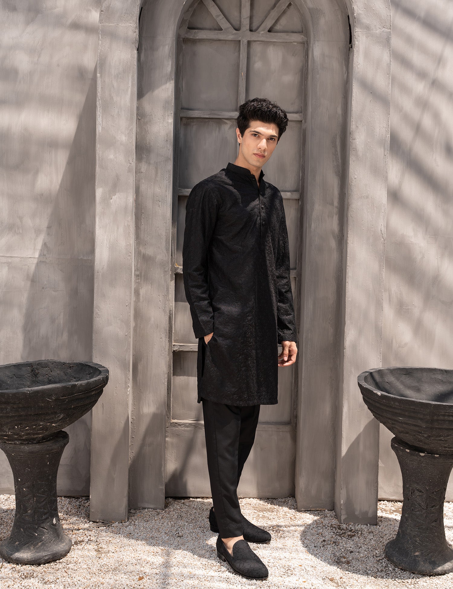 Black Embroidered Wash & Wear Kurta Trouser (2-Piece) - Image 1