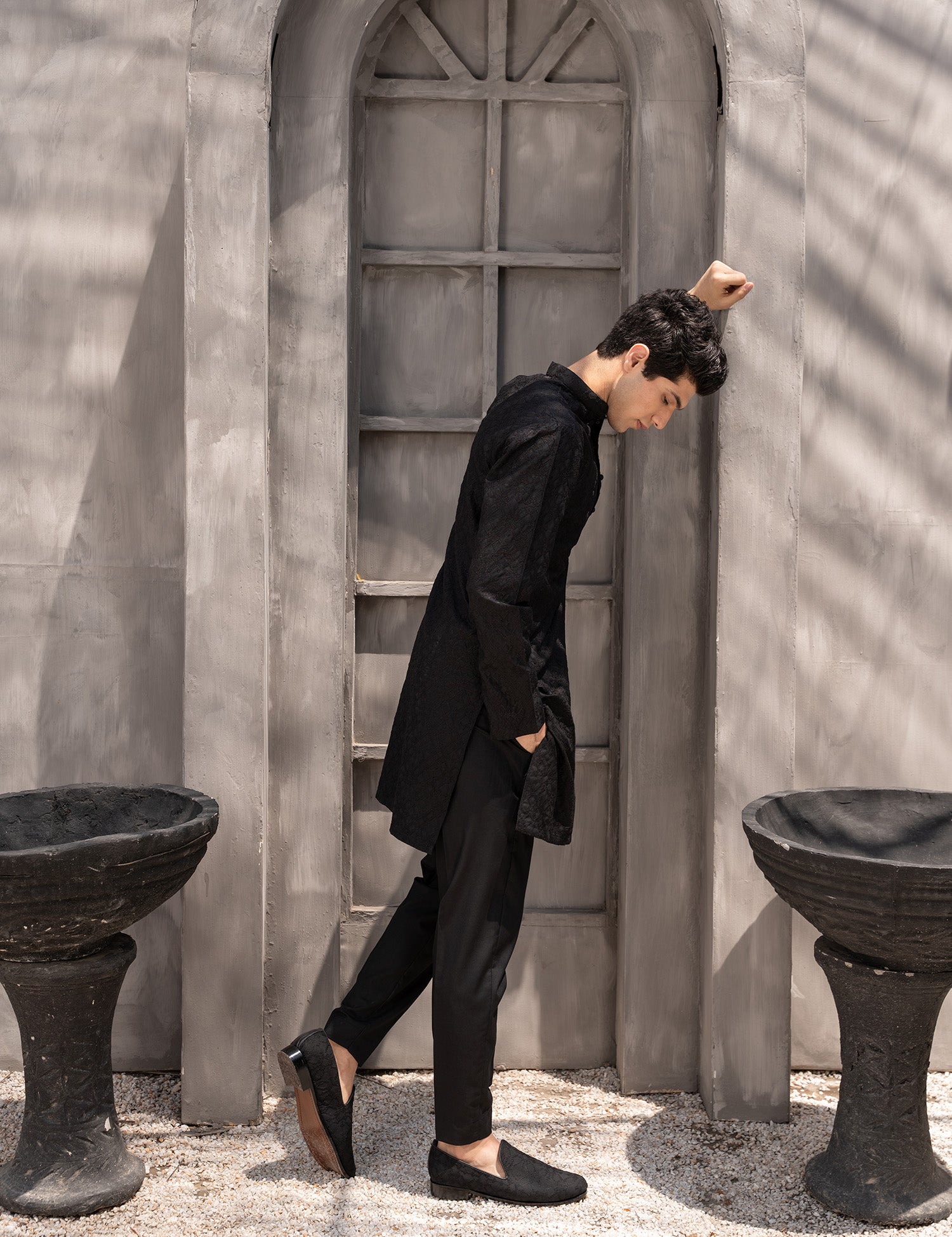 Black Embroidered Wash & Wear Kurta Trouser (2-Piece) - Image 2