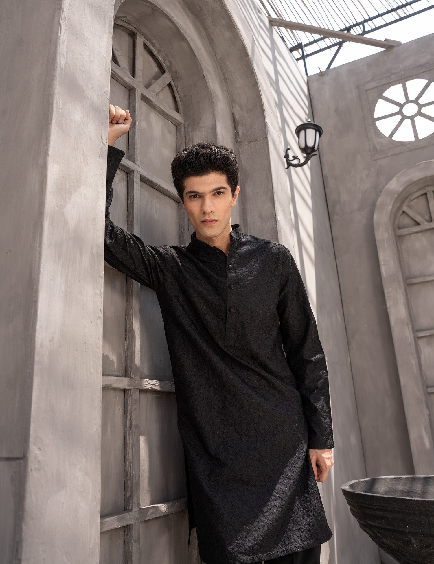 Black Embroidered Wash & Wear Kurta Trouser (2-Piece) - Image 5