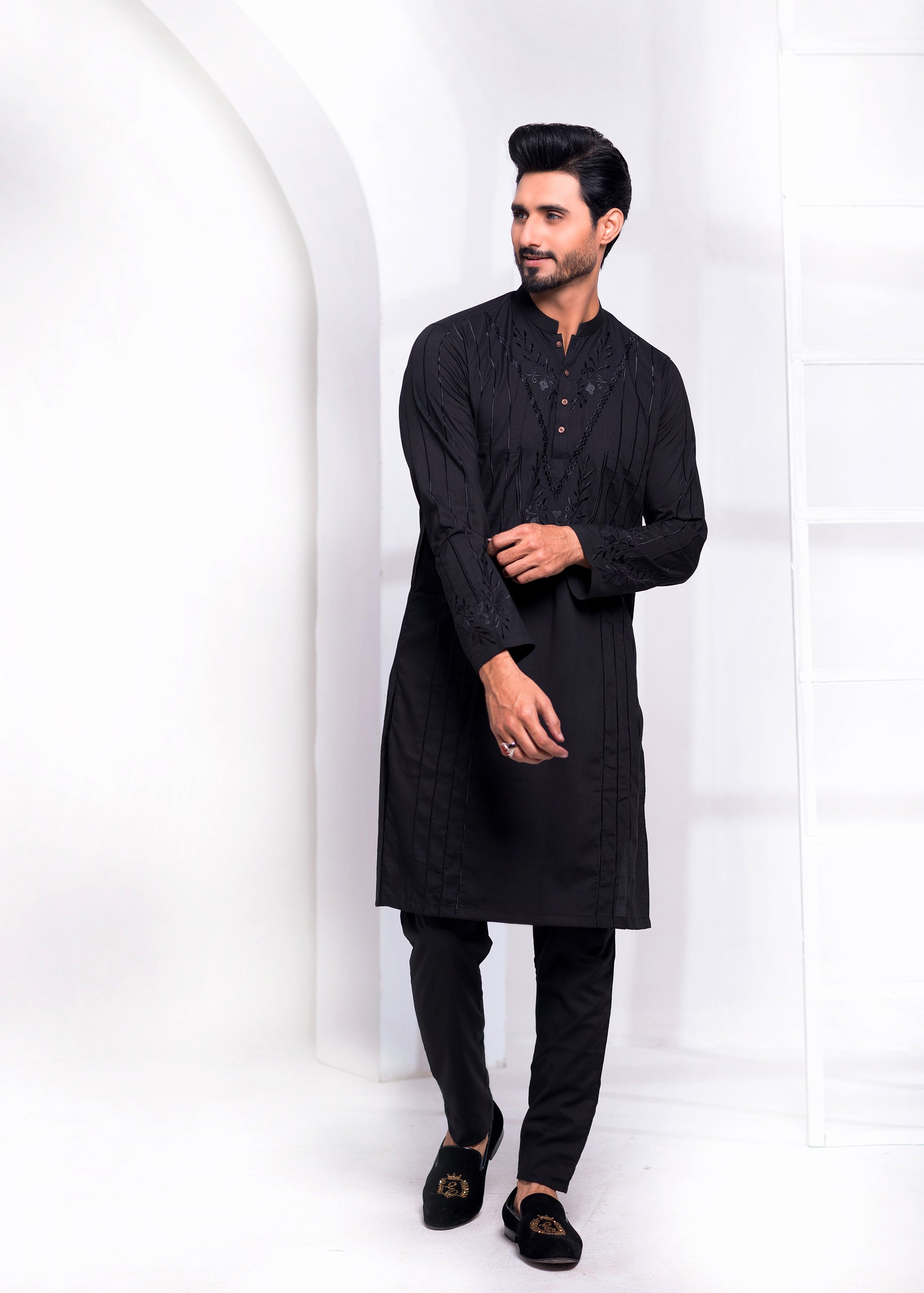 Black Resham Embroidered Wash & Wear Kurta Pajama (2-Piece) - Image 1