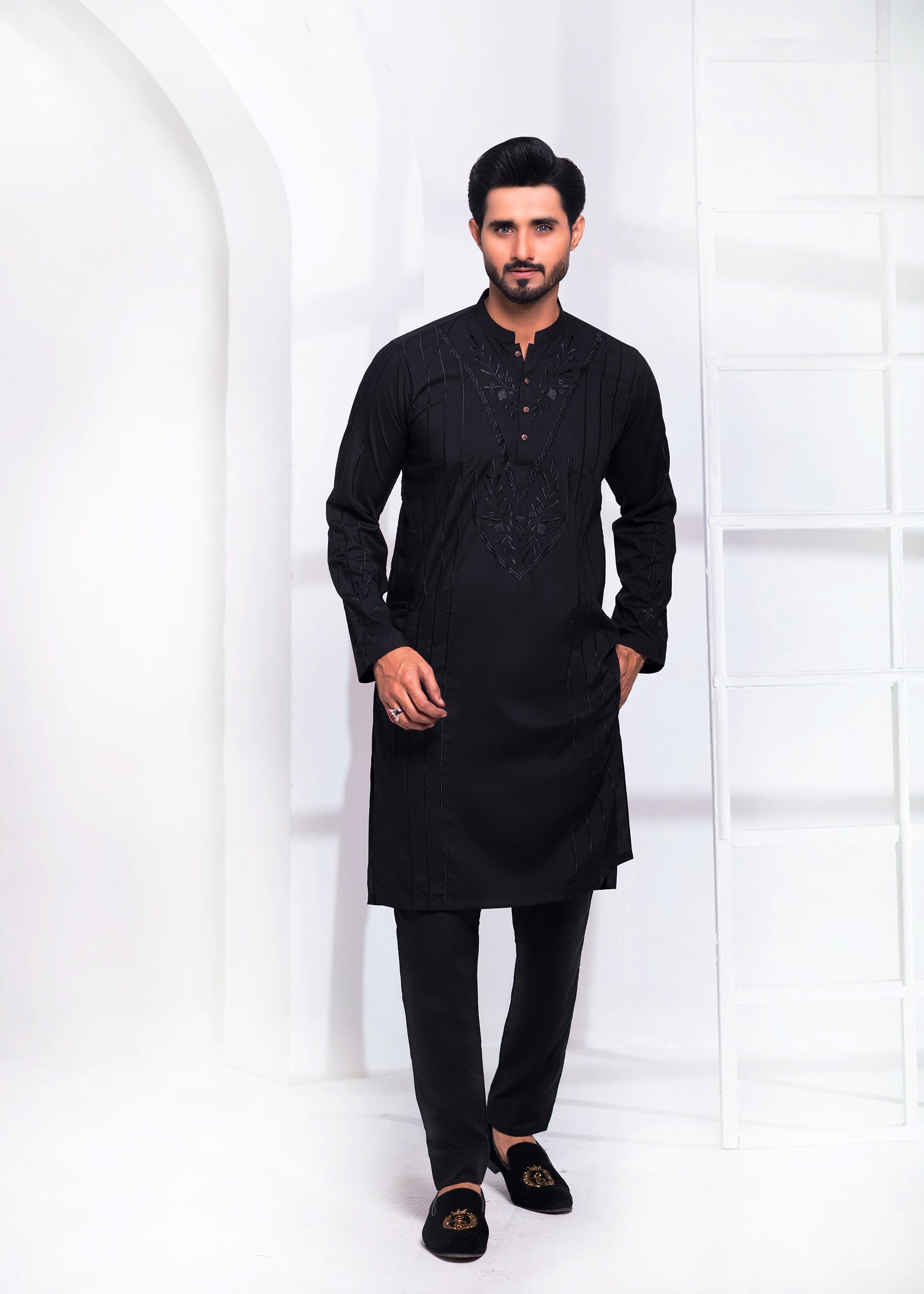 Black Resham Embroidered Wash & Wear Kurta Pajama (2-Piece) - Image 2