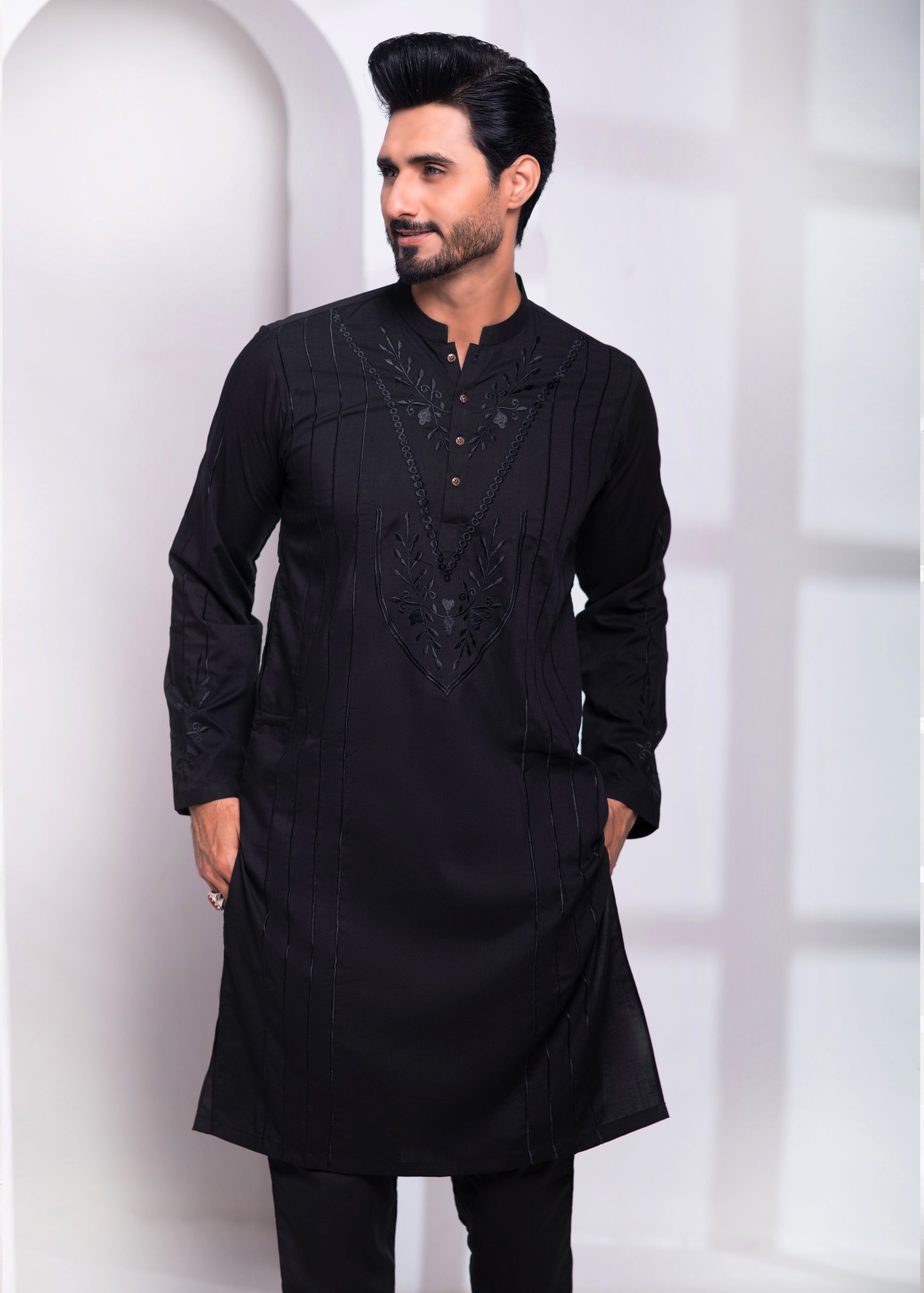 Black Resham Embroidered Wash & Wear Kurta Pajama (2-Piece) - Image 3