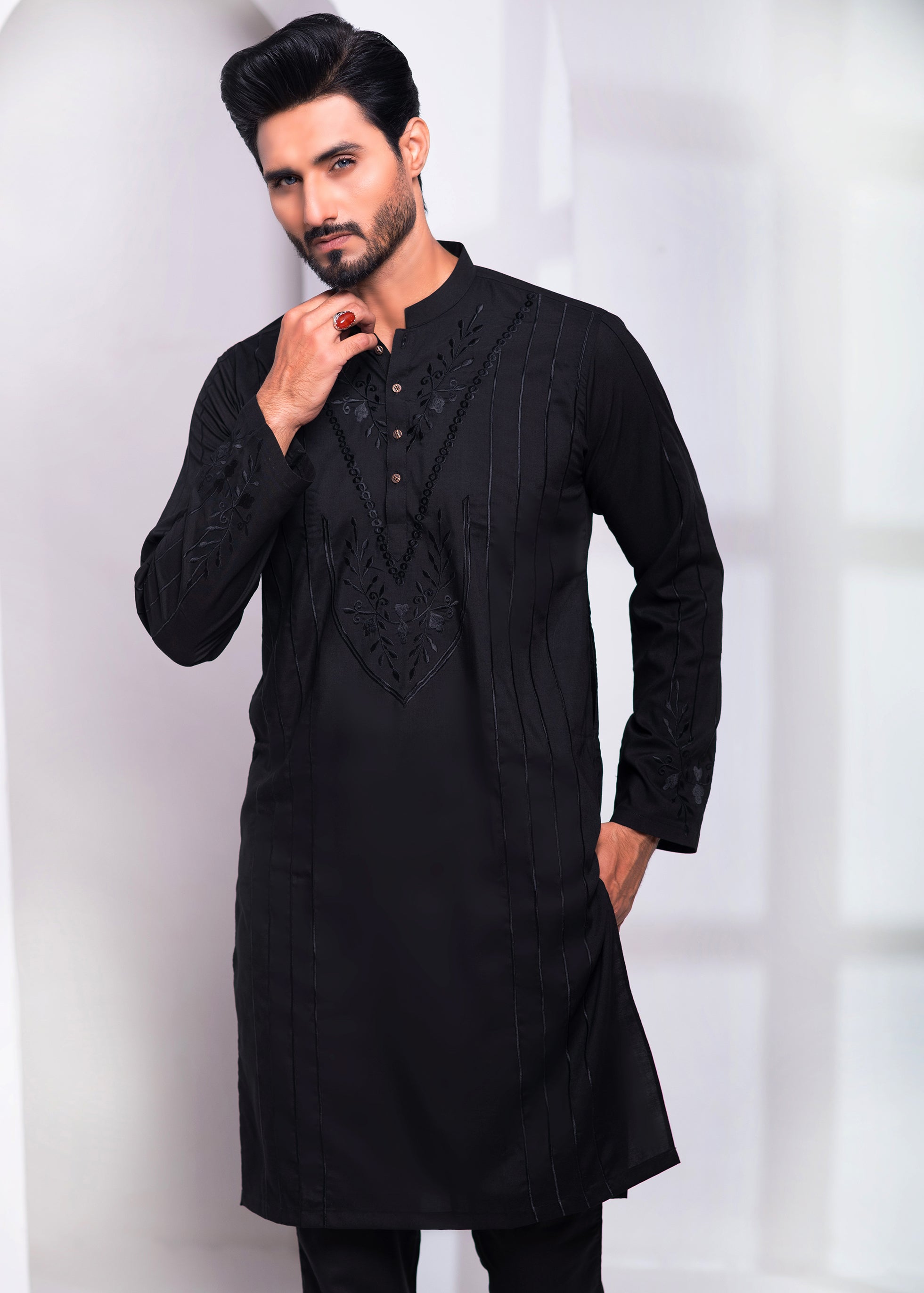 Black Resham Embroidered Wash & Wear Kurta Pajama (2-Piece) - Image 4