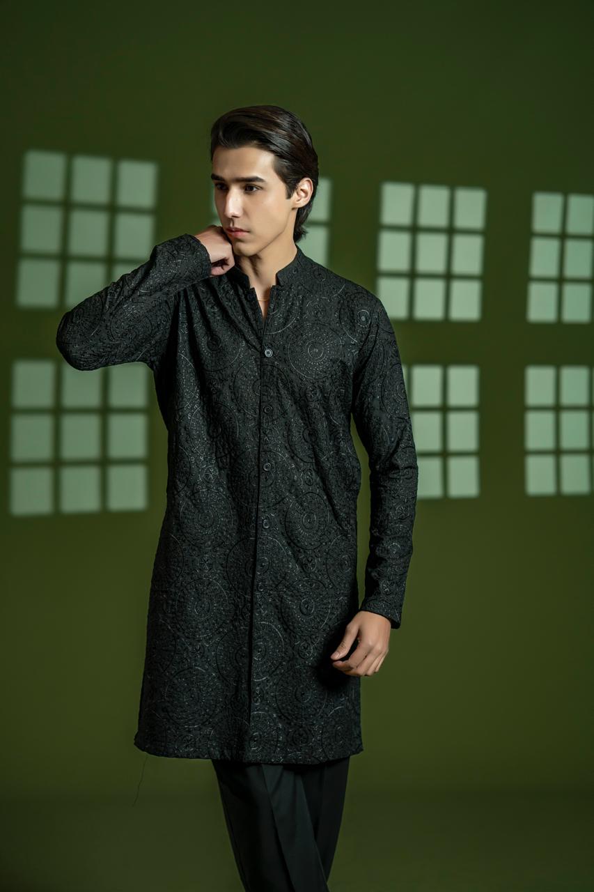 Black Embroidered Wash & Wear Kurta Set (2-Piece) - Image 2